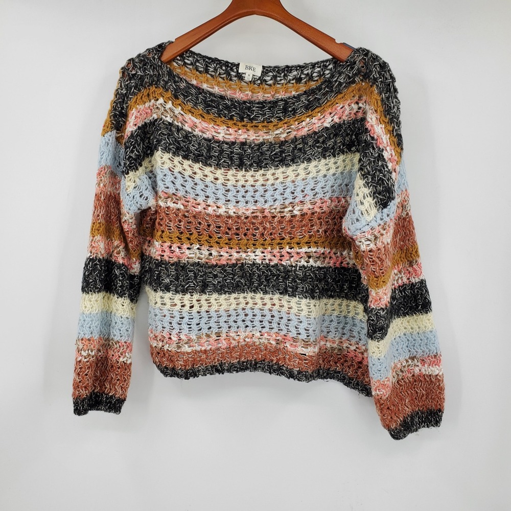 BKE Women Multi-Color Striped Open Knit Sweater Boat Neck Medium Boho Hippie